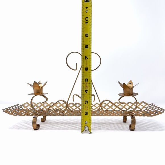 Vintage Brass Tone Quatrefoil Candle Holder Tray Hollywood Regency 15” - Picture 9 of 10